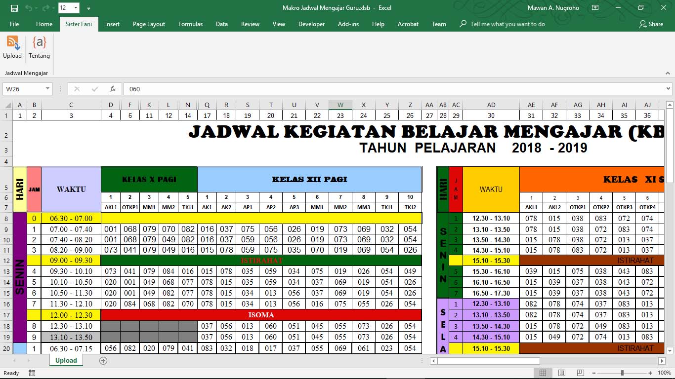 Mengatur jadwal pelajaran di Excel.